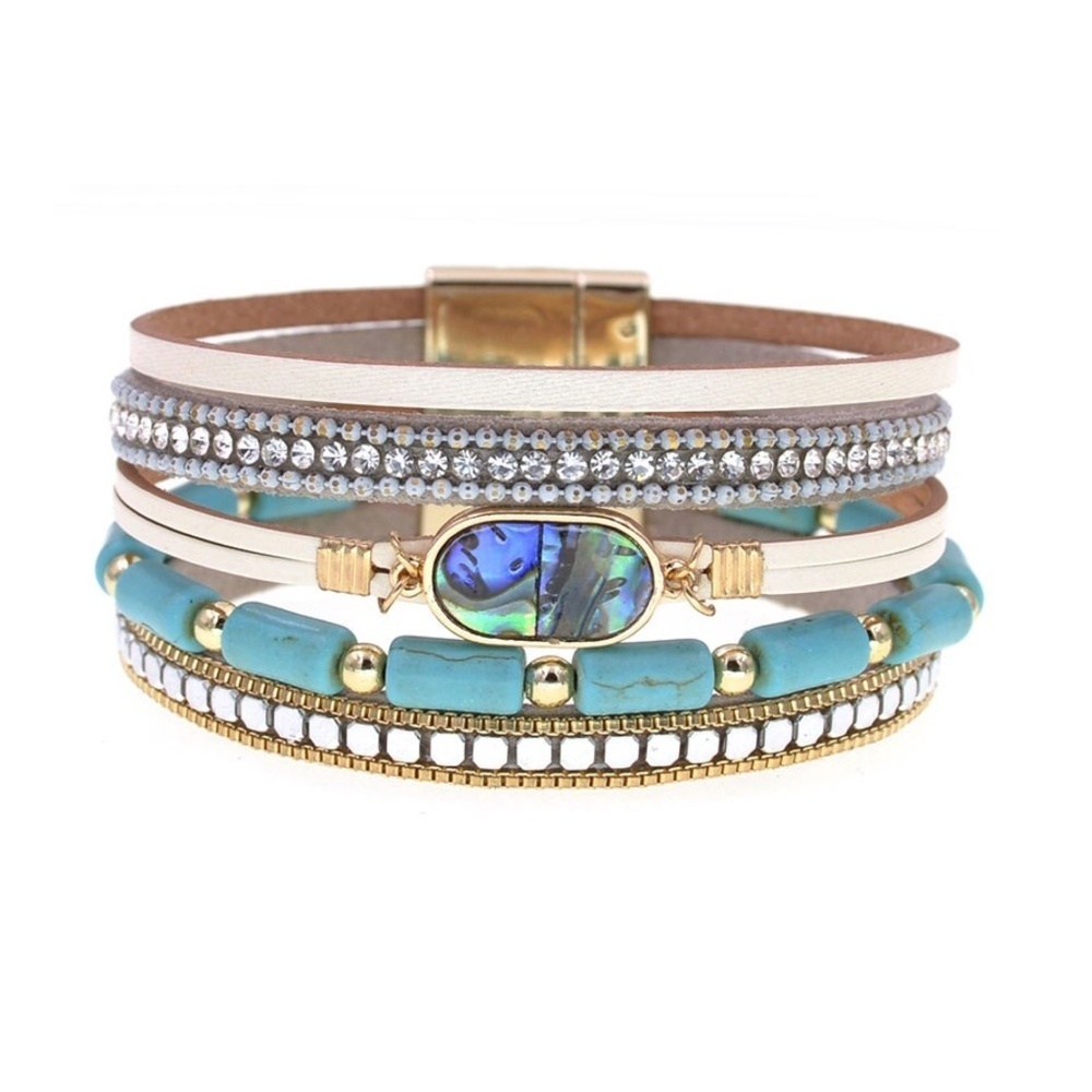 Multi-Layer Faux Leather & Turquoise Bead Bracelet – Abalone Shell Center – Magn
